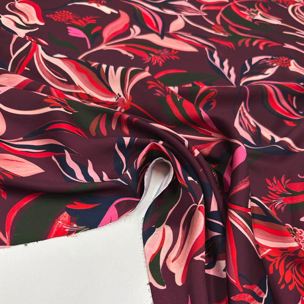 Tissu Satin, Polyester - Floral, Barbera