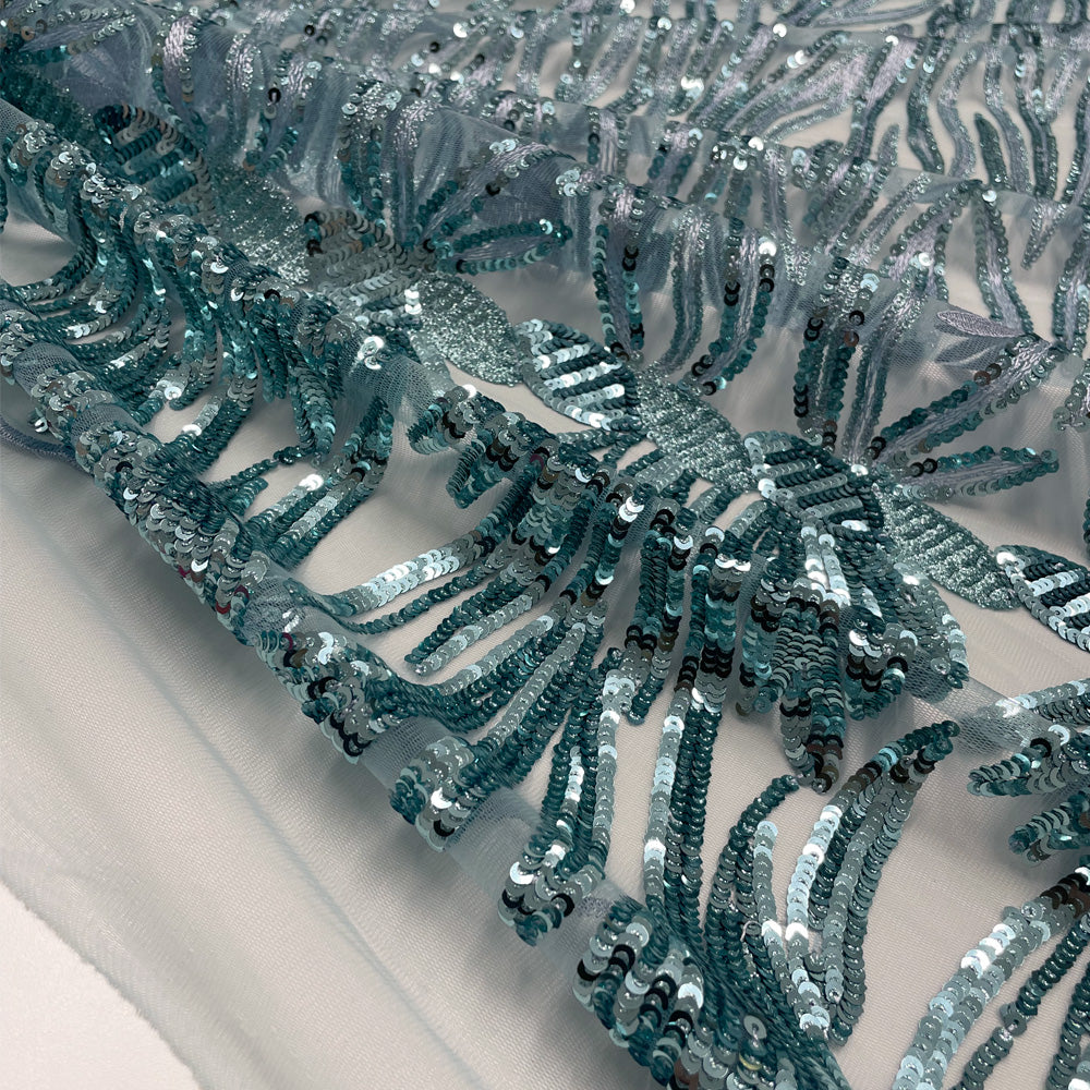 Tissu Tulle Brodé, Paillettes - Bleu, Eriso