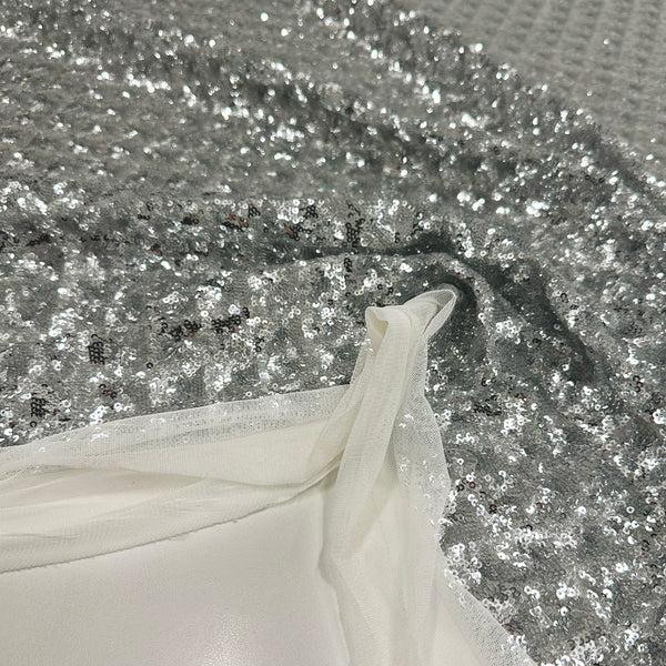 Tissu Tulle Brodé, Paillettes - Géométrique Argent, Stellare