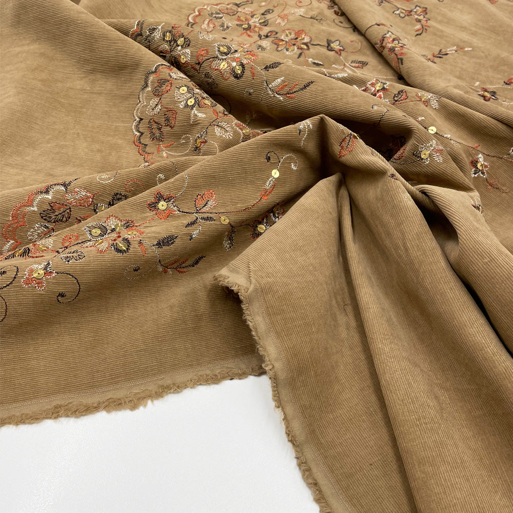 Panneau Velours Côtelé Brodé, Coton - Floral Feston, Fogliame