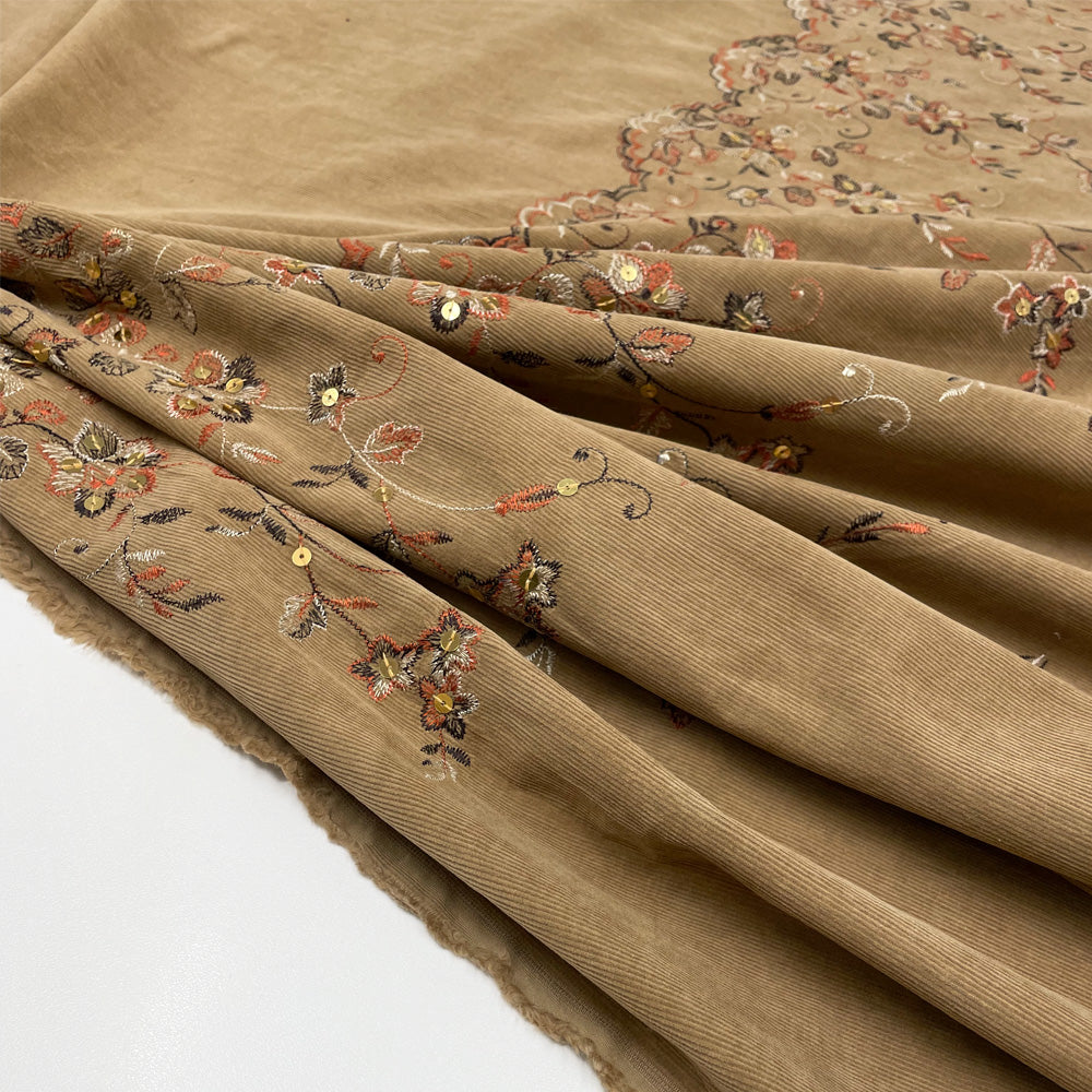 Panneau Velours Côtelé Brodé, Coton - Floral Feston, Fogliame