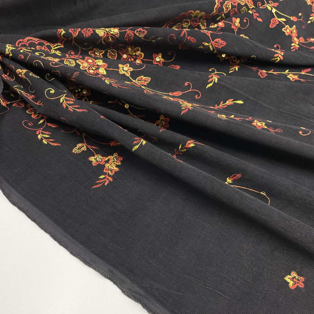 Panneau Velours Côtelé Brodé, Coton - Floral Feston, Fogliame