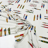 Viscose fabric with pen print on white background, to be found on en.tessuti.fr