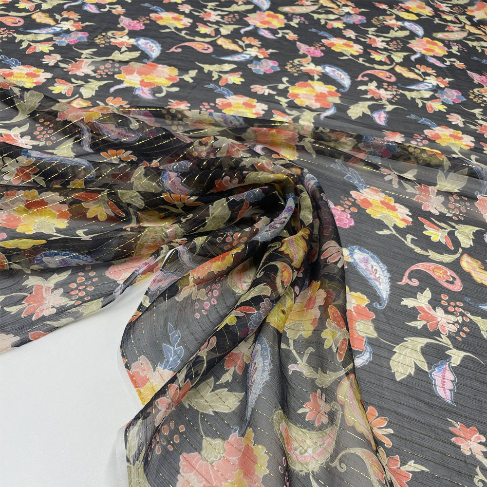 Tissu mousseline, soie - Métallisé Floral, Salvia